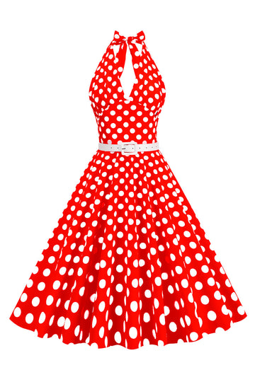 Hepburn Style Halter Neck Polka Dots Red 1950s Robe
